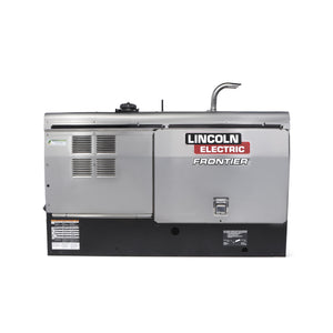 Lincoln Frontier 400X K3484-4 left side profile, stainless engine enclosure with Lincoln Electric Frontier branding.