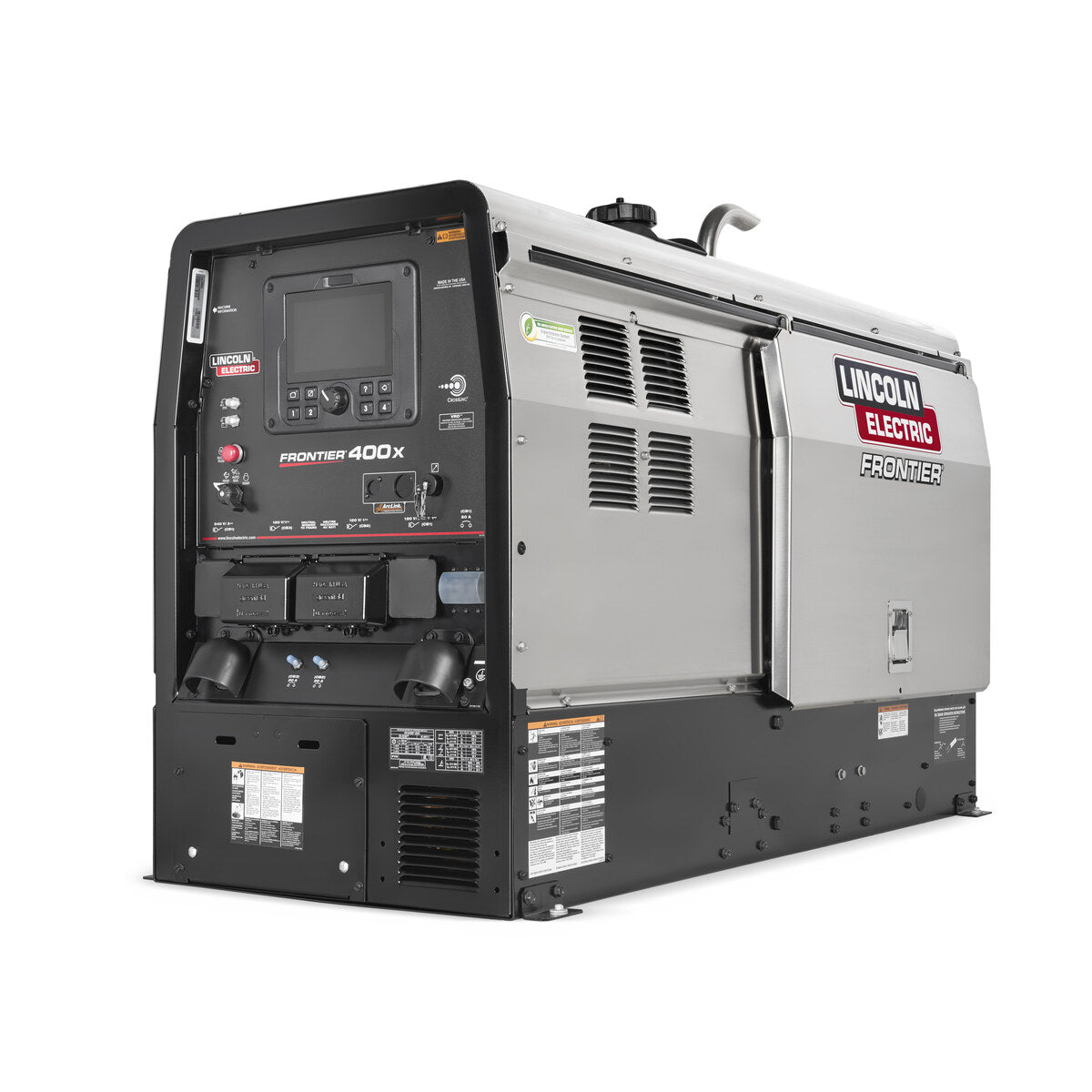 Lincoln Frontier 400X K3484-4 front right three-quarter view with weld output studs, receptacles and digital interface.