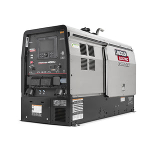 Lincoln Frontier 400X K3484-4 front right three-quarter view with weld output studs, receptacles and digital interface.