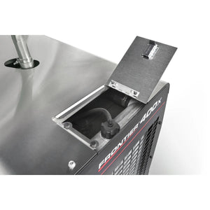 Lincoln Frontier 400X K3484-4 close-up of the hinged fuel fill door on the stainless top panel.