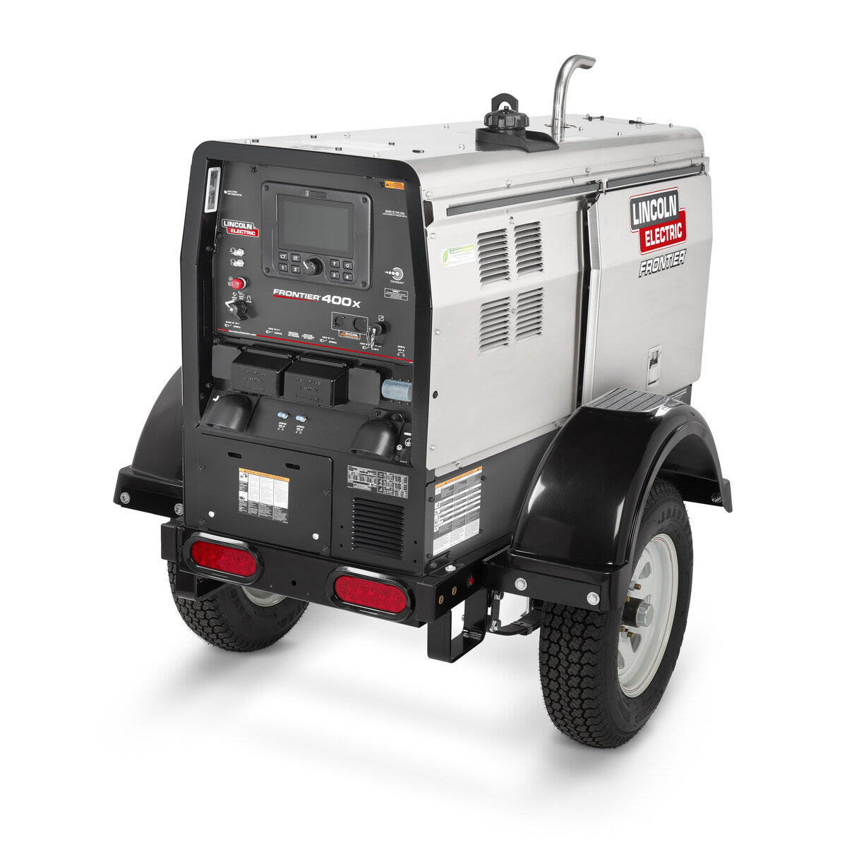 Lincoln Frontier 400X Ready-Pak 3 K3484-4-RP3 mounted on a trailer, rear three-quarter view with tail lights, fenders and control panel.
