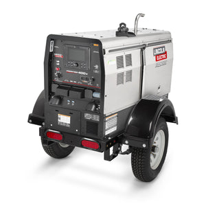 Lincoln Frontier 400X Ready-Pak 3 K3484-4-RP3 mounted on a trailer, rear three-quarter view with tail lights, fenders and control panel.