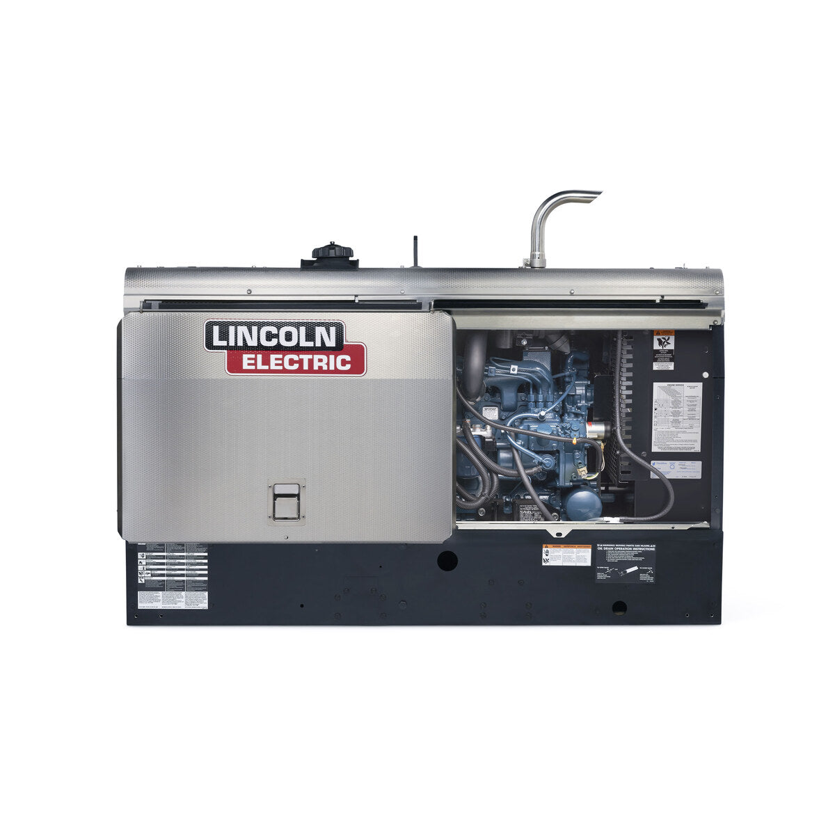 Lincoln Frontier 400X Pipe K3485-4 with side door open showing the Kubota Tier 4 Final diesel engine and fuel filter.