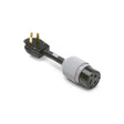 The Lincoln Full KVA Adapter Cable K1816-1 is a black and gray cable with a three-prong male plug for engine-driven welders on one end and a round, gray and black female 240V socket with three slots on the other, shown against a white background.