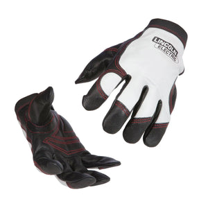 The Lincoln Full Leather SteelWorker Welding Gloves Medium K2977-M feature black and white leather with red stitching, padded palm, and Lincoln Electric logo near the wrist. They provide protection and dexterity for tough welding jobs.
