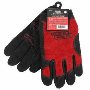 Lincoln FULL LEATHER WORK/WELD GLOVES MD - KH799M are mainly black with red accents, featuring reinforced fingers and palms. The gloves are secured at the cuffs by a retail display tag.