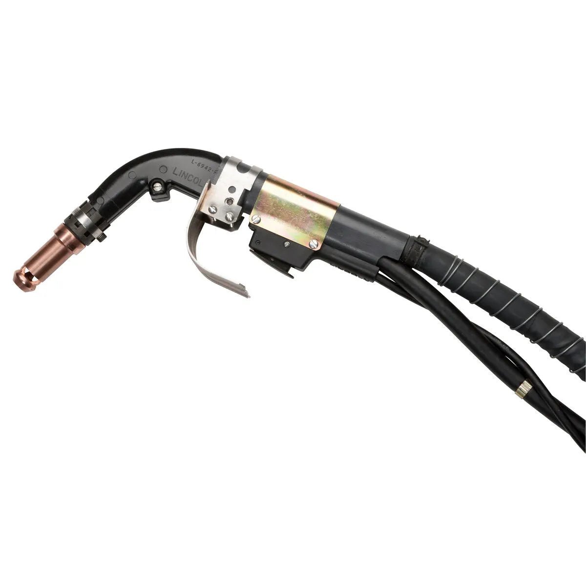 Lincoln Fume Extraction Welding Gun 350A FCAW-SS, 15 ft, K206—curved handle, copper nozzle, trigger, cable—WeldingMart tool.