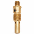 A brass threaded adapter for Magnum welding guns, featuring two sections of external threading, a black set screw on the upper part, and two small holes near the base; compatible with .035-.045 in diameter wire.