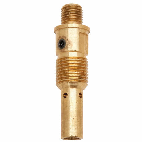 A brass threaded adapter for Magnum welding guns, featuring two sections of external threading, a black set screw on the upper part, and two small holes near the base; compatible with .035-.045 in diameter wire.