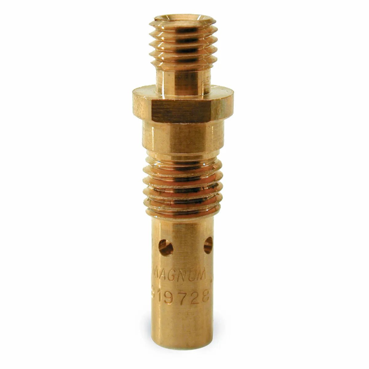 A brass welding contact tip with threaded ends and a hexagonal middle section, designed for connecting to Lincoln Gas Diffuser or Magnum 100L welding guns to efficiently conduct electrical current in welding equipment.