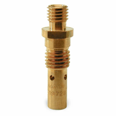 A brass welding contact tip with threaded ends and a hexagonal middle section, designed for connecting to Lincoln Gas Diffuser or Magnum 100L welding guns to efficiently conduct electrical current in welding equipment.