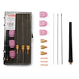 A Gas Lens Parts Kit for TIG welding torches, compatible with PTW-20 and PTA-9, includes pink ceramic cups, brass fittings, tungsten electrodes, and copper parts arranged beside a clear “LINCOLN ELECTRIC KP1414-1” case.
