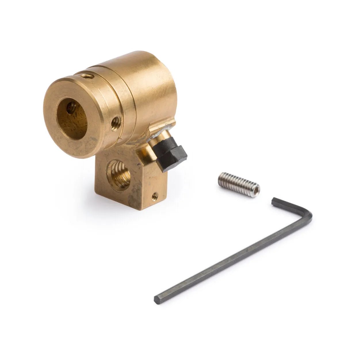 The Lincoln Gun Adapter Kit, Standard #4 K3345-1, includes a brass component with cylindrical and rectangular sections, a black adjustment screw, silver threaded insert, and an L-shaped hex key tool—arranged on a white background.