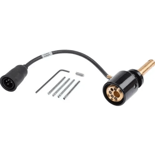 The Lincoln Gun and Cable Adapter Kit K447 includes a black flexible cable, Tweco-style receptacles, brass and black connector, 4-pin plug, four metal rods, hex key, and a small pin—all displayed on a white background.