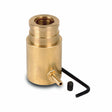 The Lincoln Gun Receiver Bushing for Miller Guns K1500-4 is a cylindrical brass fitting with a threaded top, side nozzle, black set screw, and hex key (Allen wrench), displayed on a white background. Ideal for gun connector kits.