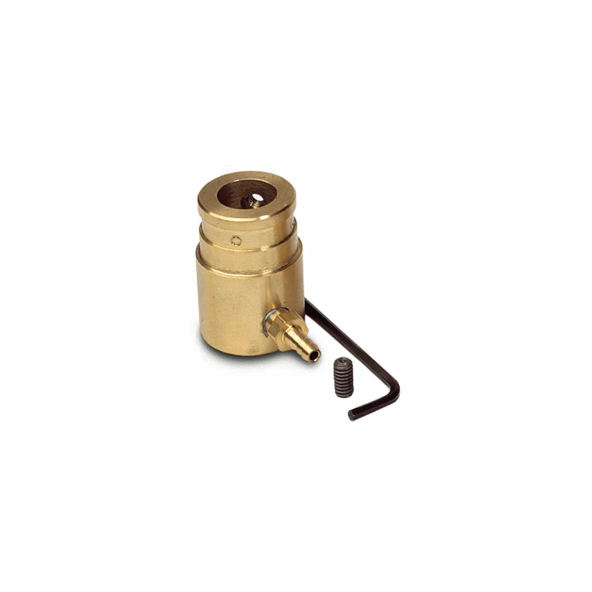 A brass coupling with a threaded side outlet, central top hole, and small hex screw with black L-shaped hex key is shown on white background; its compatible with Lincoln Gun Receiver Bushing for Tweco #5 Guns K1500-3.
