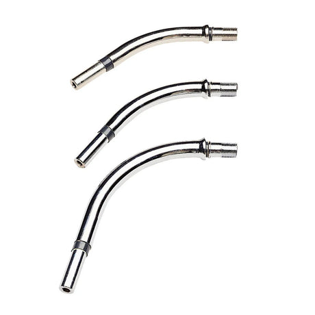 Three silver Lincoln Gun Tube Assembly 45° (400 Amp) KP1929-1 pipes are vertically aligned on a white background. Each varies in length and bend angle, featuring black bands near the widened threaded ends.