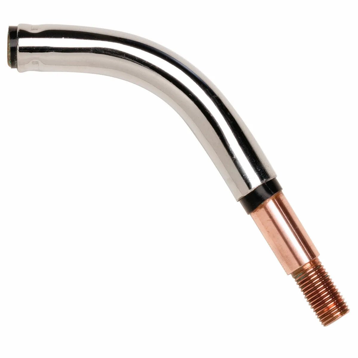 The Lincoln Gun Tube Assembly 60° KP2015-1 is a shiny, chrome-finished curved tube with a copper threaded end and a smooth open end, designed as a welding or industrial tool component.