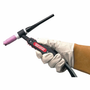 A gloved hand holds a TIG torch, perfect for pairing with the Lincoln Hand Amptrol Rotary Track Style, 6 Pin, 25 ft. (7.6 m) K963-3, ensuring precise welding control against a plain white background.
