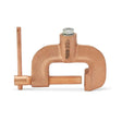 The Lincoln Heavy Duty 600 Amp C-Clamp Ground/Work Clamp K5153-1 features a copper finish, threaded screw, T-handle, and sturdy body with engraved markings. This welding clamp is shown on a plain white background.