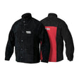 Two Lincoln K2989-XXL Heavy Duty Leather Welding Jackets (2XL) in black, shown front and back. The front has a logo patch on the chest; the back displays a red panel with the Lincoln Electric logo on the upper back.