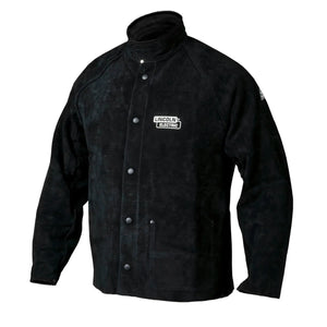 The Lincoln K2989-XXL Heavy Duty Leather Welding Jacket 2XLarge is black, made of thick split cowhide leather with snap buttons, a high collar, visible left chest logo, long sleeves, and reinforced seams for extra protection.