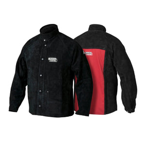 Two Lincoln K2989-L Heavy Duty Leather Welding Jackets (Large) are shown, one front and one back. Made from leather, they feature snap buttons and a logo on the chest with a large red panel and logo on the upper back.