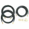 Three coiled black hoses with brass fittings, four small brass connectors, and a square fitting are lined up on white. These components are part of the Lincoln Hook-Up Kit for 18 and 20 Series Torches KP504.