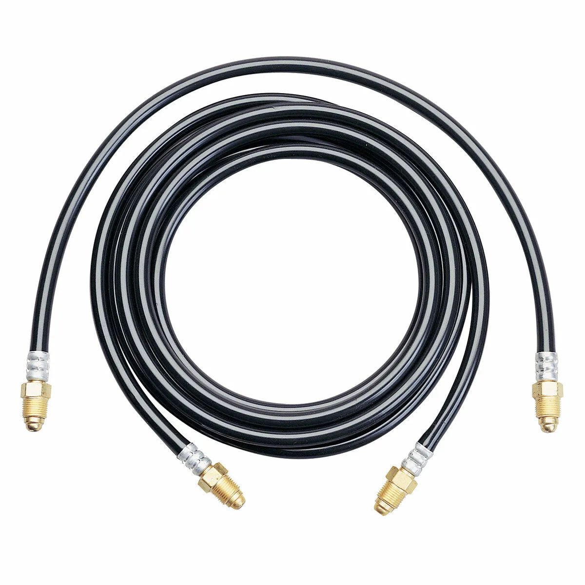 A sturdy, flexible black gas hose with four brass fittings (two per end) is shown on a white background, ideal for use with the Lincoln Hook-Up Kit KP505 in automotive or industrial TIG torch applications.
