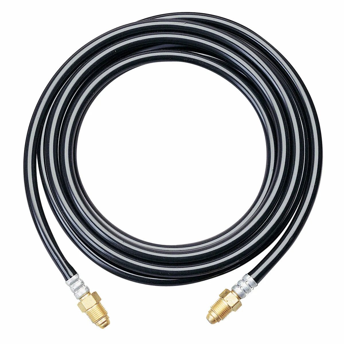 A black, coiled gas hose with hexagonal brass connectors on both ends, neatly arranged on a white background. Fits PTA-17V TIG torches; perfect for use with the Lincoln Hook-Up Kit KP506.