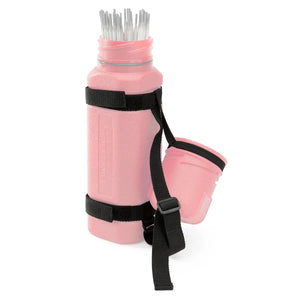 A pink rectangular canister with a Lincoln HydroGuard Carrying Strap (K3167-1) holds white plastic straws. The black strap has Velcro for easy carrying, and the pink screw-on lid hangs open on a side strap.