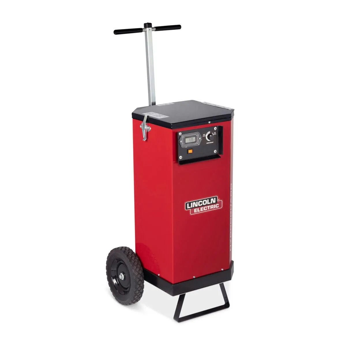 A red Lincoln Electric welder with a black control panel, two wheels, and a sturdy base on a white background—perfect to use with the Lincoln HydroGuard Portable 50lb. Rod Oven K5182-1.