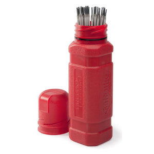 The Lincoln HydroGuard Rod Canister K3166-1 stands upright, open at the top and filled with metal welding rods. Its red cap lies beside it on a white background. The stick electrode container is rectangular with a textured surface.