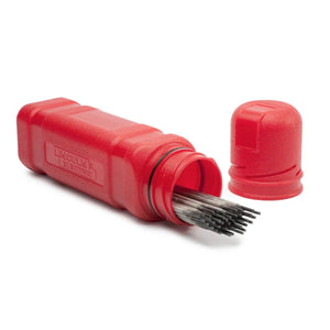 A Lincoln HydroGuard Rod Canister K3166-1 lies on its side with the cap off, revealing welding rods inside. The moisture-resistant electrode storage and cap rest on a white background.