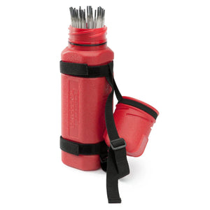 The Lincoln HydroGuard Rod Canister K3166-1 is a red, cylindrical electrode container with a black carrying strap, screw-on lid, moisture-resistant design, textured surface, embossed labeling, and visible welding rods inside.