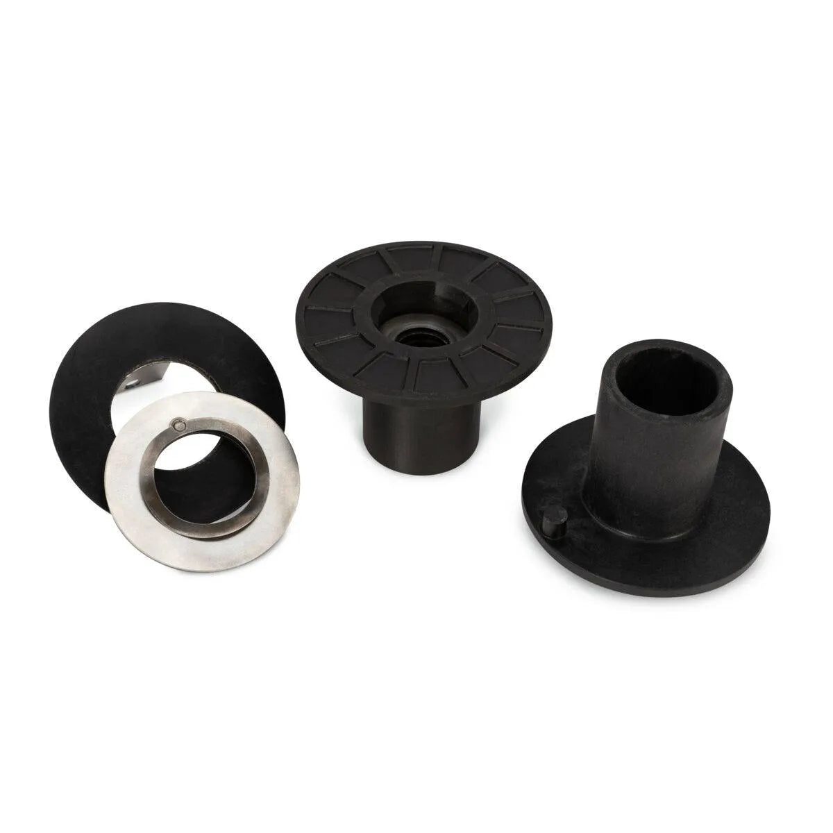 Three black circular plastic pieces and two silver metal rings from the Lincoln HyperFill 2-Roll Drive Roll Kit Knurled, .045 in. KP4388-4 are arranged on a white background at varying heights and diameters.