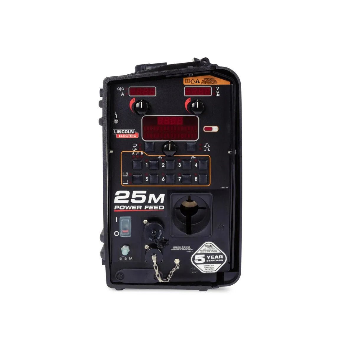 A Lincoln HyperFill 2-Roll Drive Roll Kit Knurled, .045 in. KP4388-4 features labeled controls, indicator lights, and knurled drive rolls for smooth wire feeding. Includes digital display, connector ports, and a 5-year warranty sticker.