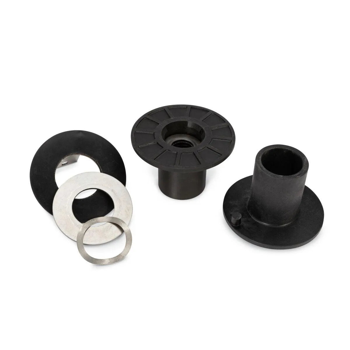 Displayed on a white background are parts from the Lincoln HyperFill 2-Roll Drive Roll Kit (Knurled, .045 in., KP4388-4), featuring two black knurled drive rolls with flanges and three stacked flat metal washers of different sizes.
