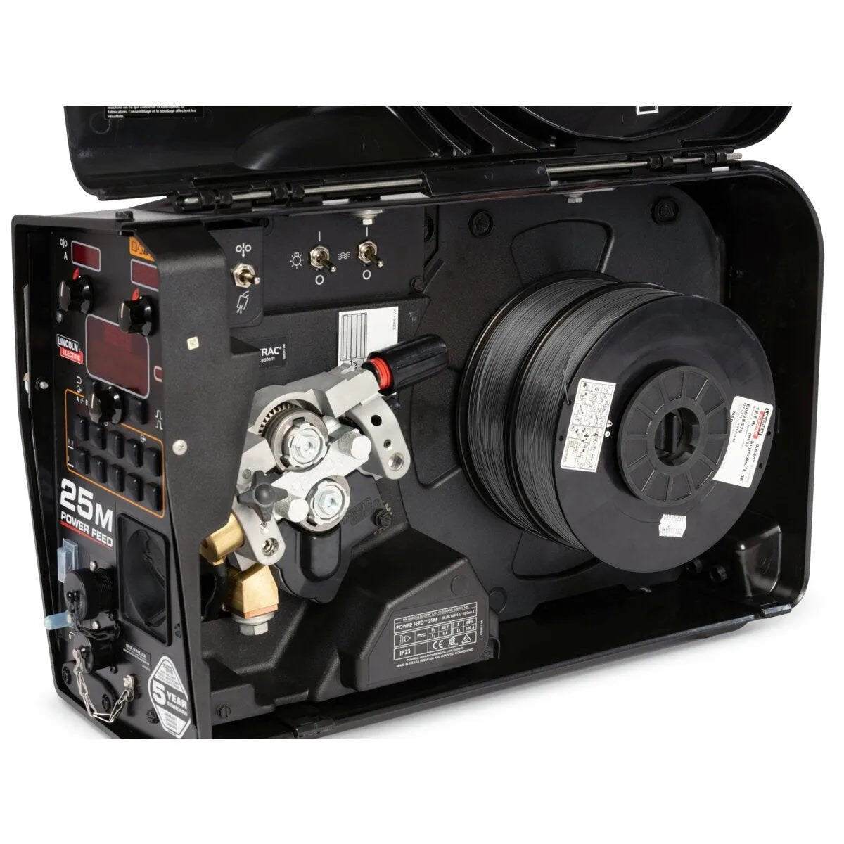 Close-up of the Lincoln HyperFill 2-Roll Drive Roll Kit Knurled, .045 in. (KP4388-4) installed in a wire feeder, showing knurled drive rolls, control dials, wiring, connectors, and a black spool inside the metal case.