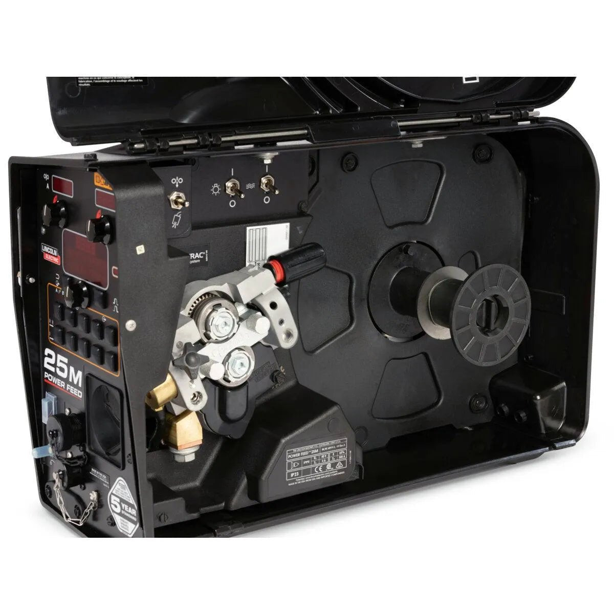 Close-up of the Lincoln HyperFill 2-Roll Drive Roll Kit Knurled, .045 in. (KP4388-4), showing its metal reels, knurled drive rolls, labels and switches on the left, and a large empty reel spindle on the right inside the black housing.