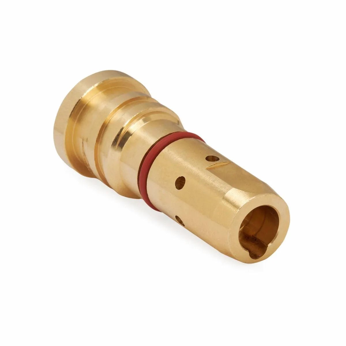 The Lincoln HyperFill Air-Cooled Gas Diffuser KP5367-1 is a precision-engineered brass cylindrical fitting with machined grooves, a red rubber O-ring near one end, and multiple small holes along its side for industrial applications.