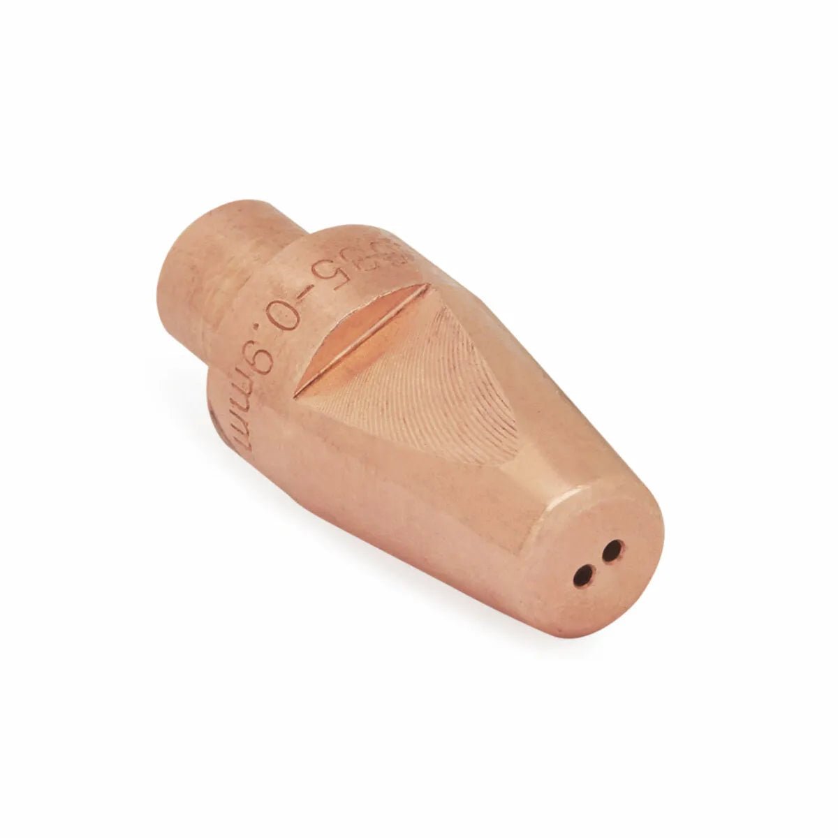 The Lincoln Hyperfill Contact Tip .035 KP4482-035-B100 features a tapered, ridged copper body with engraved markings and dual holes at the end, designed to optimize welding deposition rates. Comes in a 100-pack.
