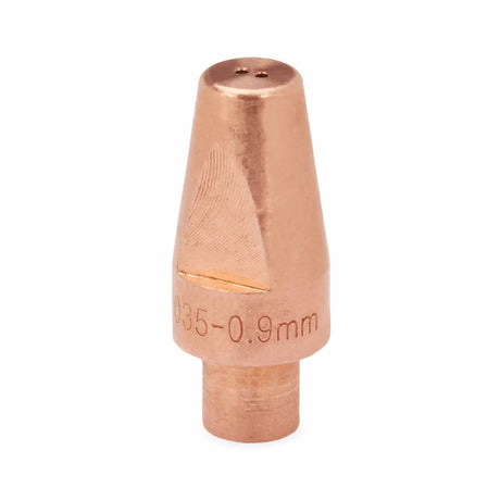 One copper-colored Lincoln Hyperfill Contact Tip (.035), conical and tapered with a flat top and small central hole, is shown against a plain white background. 035-0.9mm is engraved on the side. Product: KP4482-035, 10/pack.