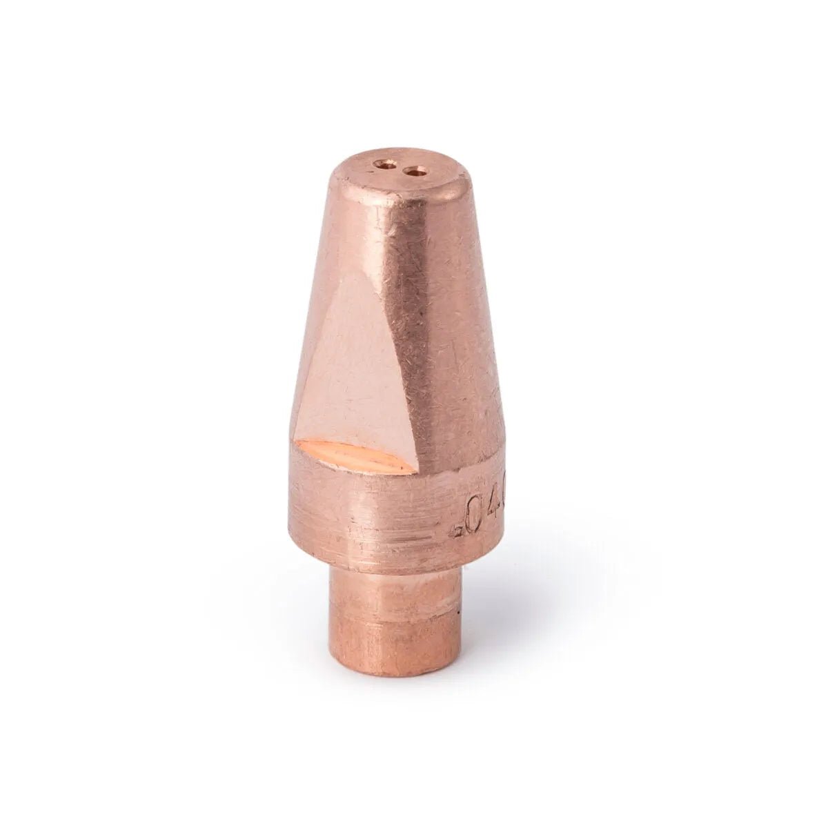 The Lincoln Hyperfill Contact Tip .040 (KP4482-040-B100) is shown upright on a white background, featuring a conical copper design with two small top holes and a flat angled cut on one side. Pack of 100.