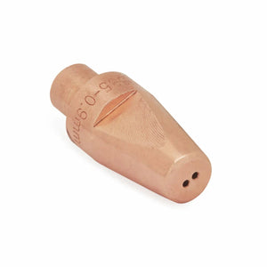 The Lincoln Hyperfill Contact Tip .040 (100/pack KP4482-040-B100) is a tapered copper nozzle with engraved markings and two small holes at the tip, shown against a plain white background.