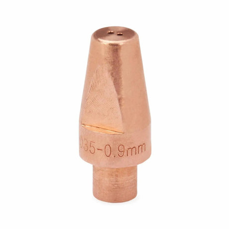 A Lincoln HyperFill Contact Tip .047 in (10/pack), KP4482-047, features a tapered copper nozzle with a small central hole and “0.035-0.9mm” engraved near the base, showcased on a plain white background.