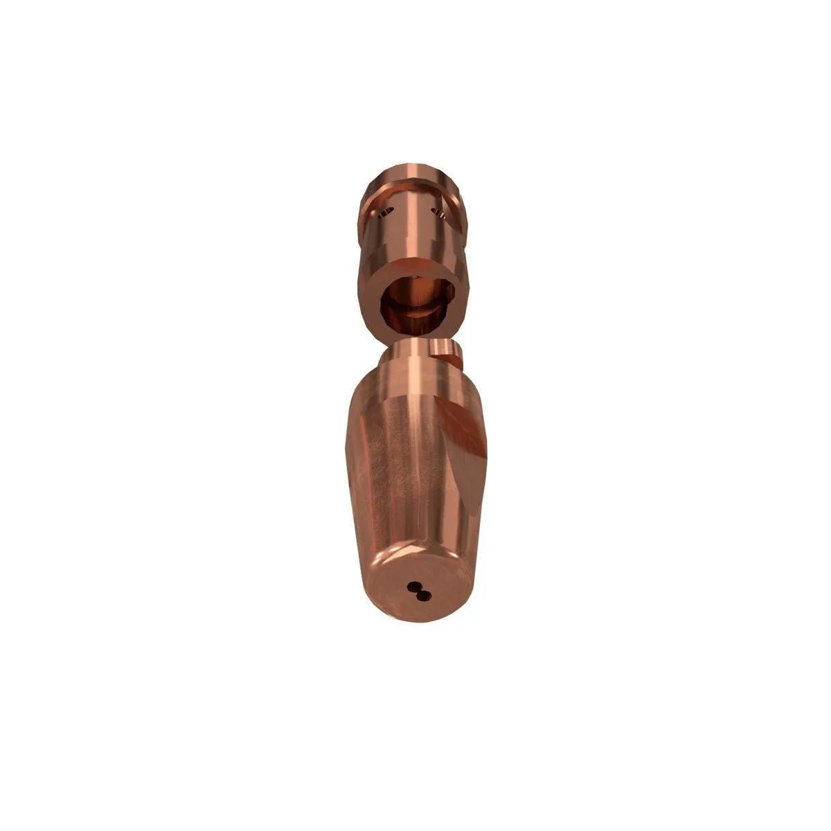 A rendering shows two cylindrical, copper-colored metal components with hollow centers, resembling Lincoln HyperFill Cored Wire Contact Tip .047 (1.2 mm) KP5344-047, aligned vertically on a white background with smooth, shiny surfaces.