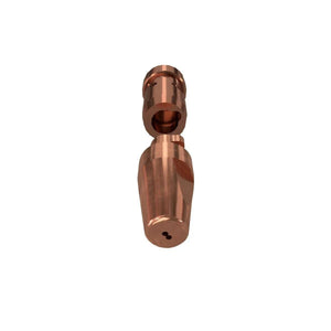 A rendering shows two cylindrical, copper-colored metal components with hollow centers, resembling Lincoln HyperFill Cored Wire Contact Tip .047 (1.2 mm) KP5344-047, aligned vertically on a white background with smooth, shiny surfaces.