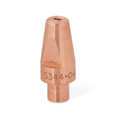 The Lincoln HyperFill Cored Wire Contact Tip .052 (1.4 mm) KP5344-052 is a shiny copper tip with a cylindrical base, tapered conical top, and central hole, featuring engraved numbers near the bottom. Pack of 10, shown against a white background.