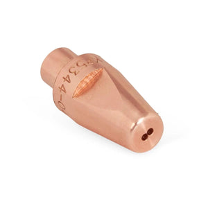 The Lincoln HyperFill Cored Wire Contact Tip .052 (1.4 mm) 10/pack KP5344-052 features a copper, conical shape with a round base and two small holes at the tip. Engraved markings show its type or model. Shown isolated on a plain white background.